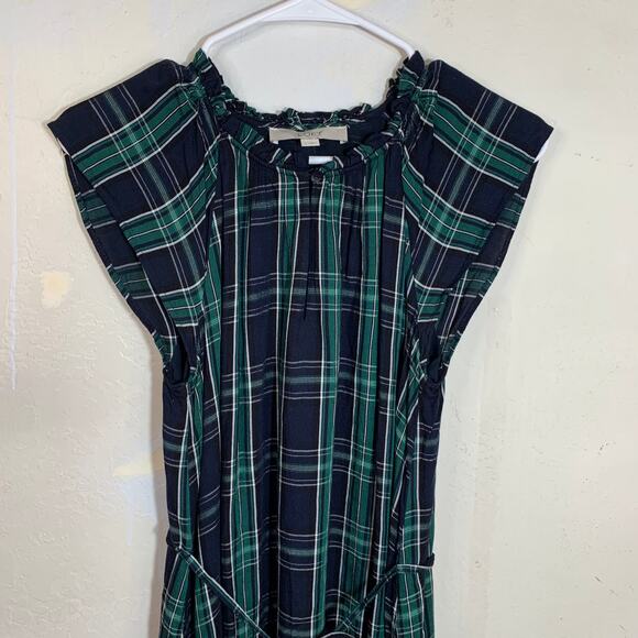 LOFT Dress Blue Green Plaid Shift Belted Short Sleeve Pleated Lined Size 2 - Picture 5 of 12